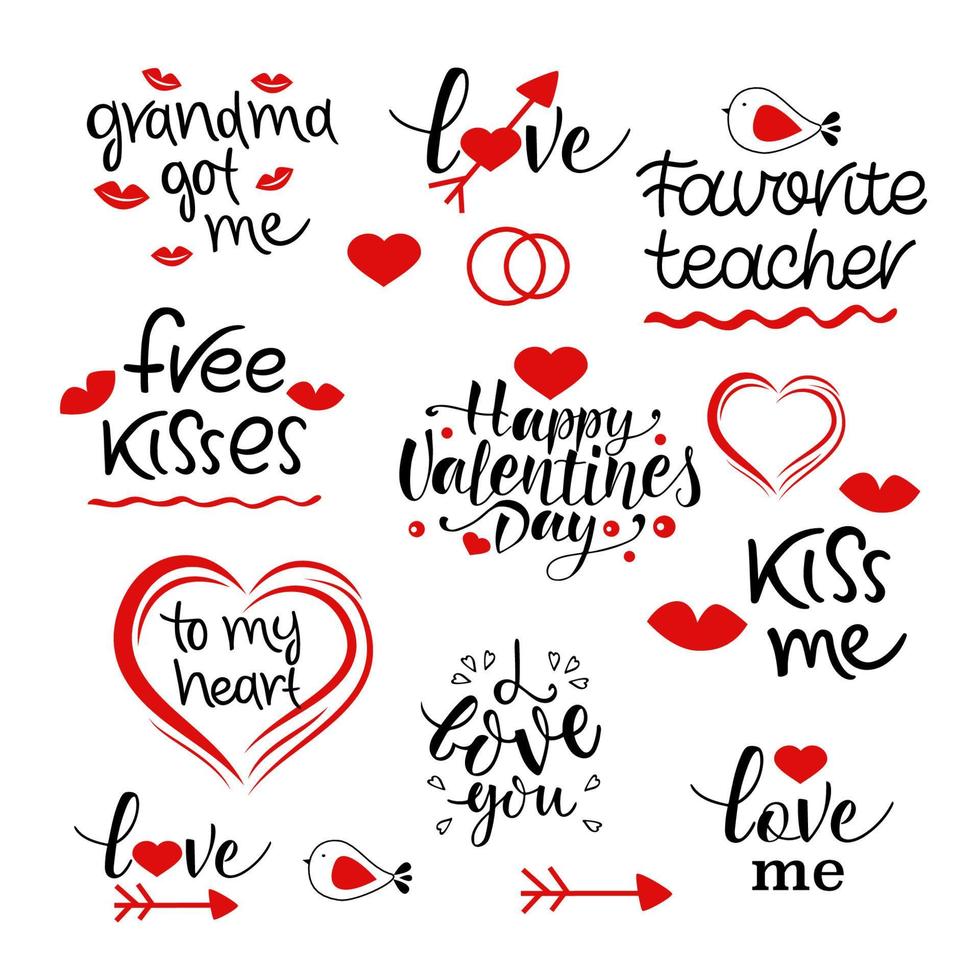 Valentine's day hand drawn calligraphy and illustration vector set. Valentine phrases vector collection. Vector