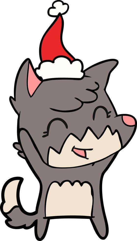 happy line drawing of a fox wearing santa hat vector