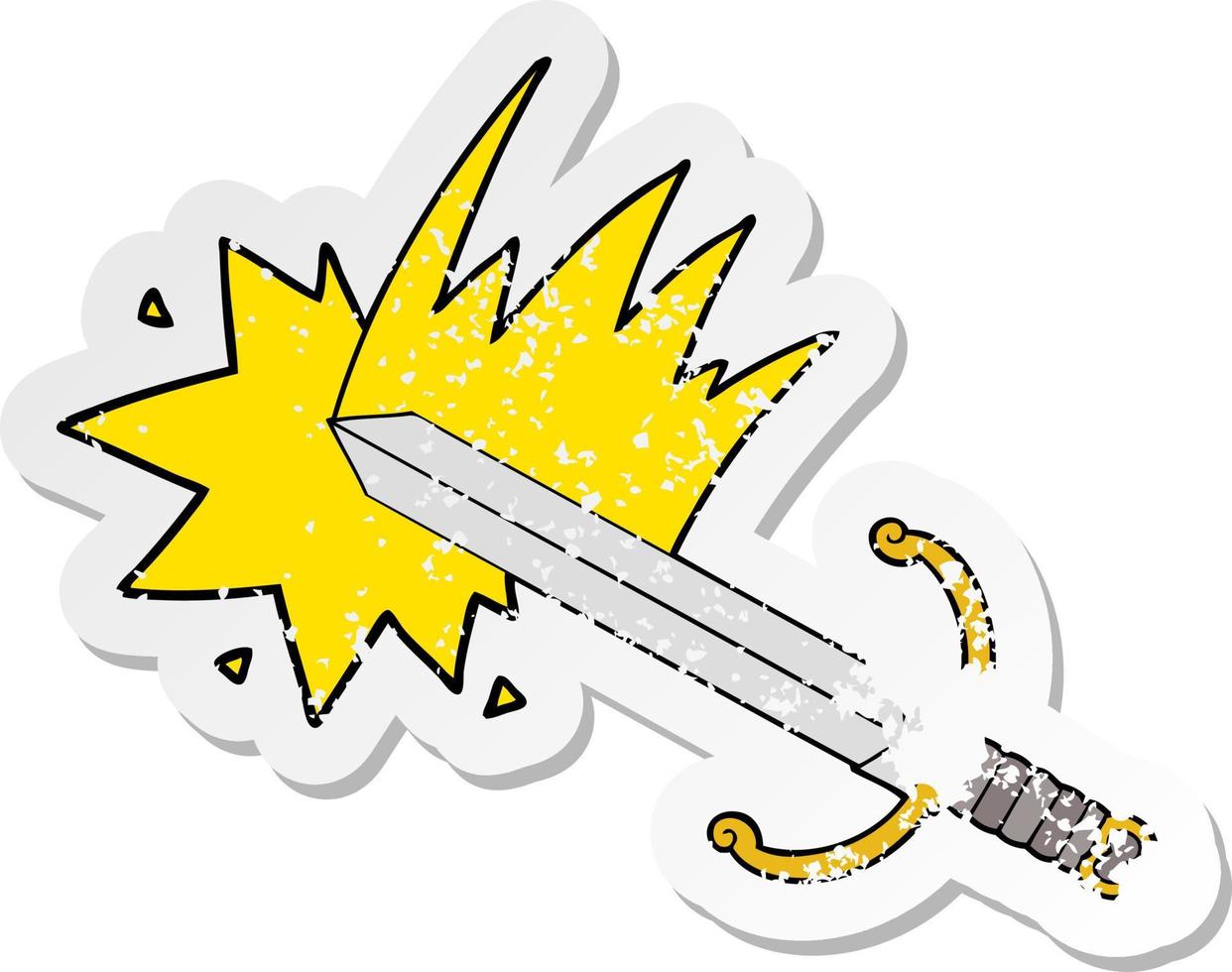 distressed sticker of a swinging cartoon sword vector