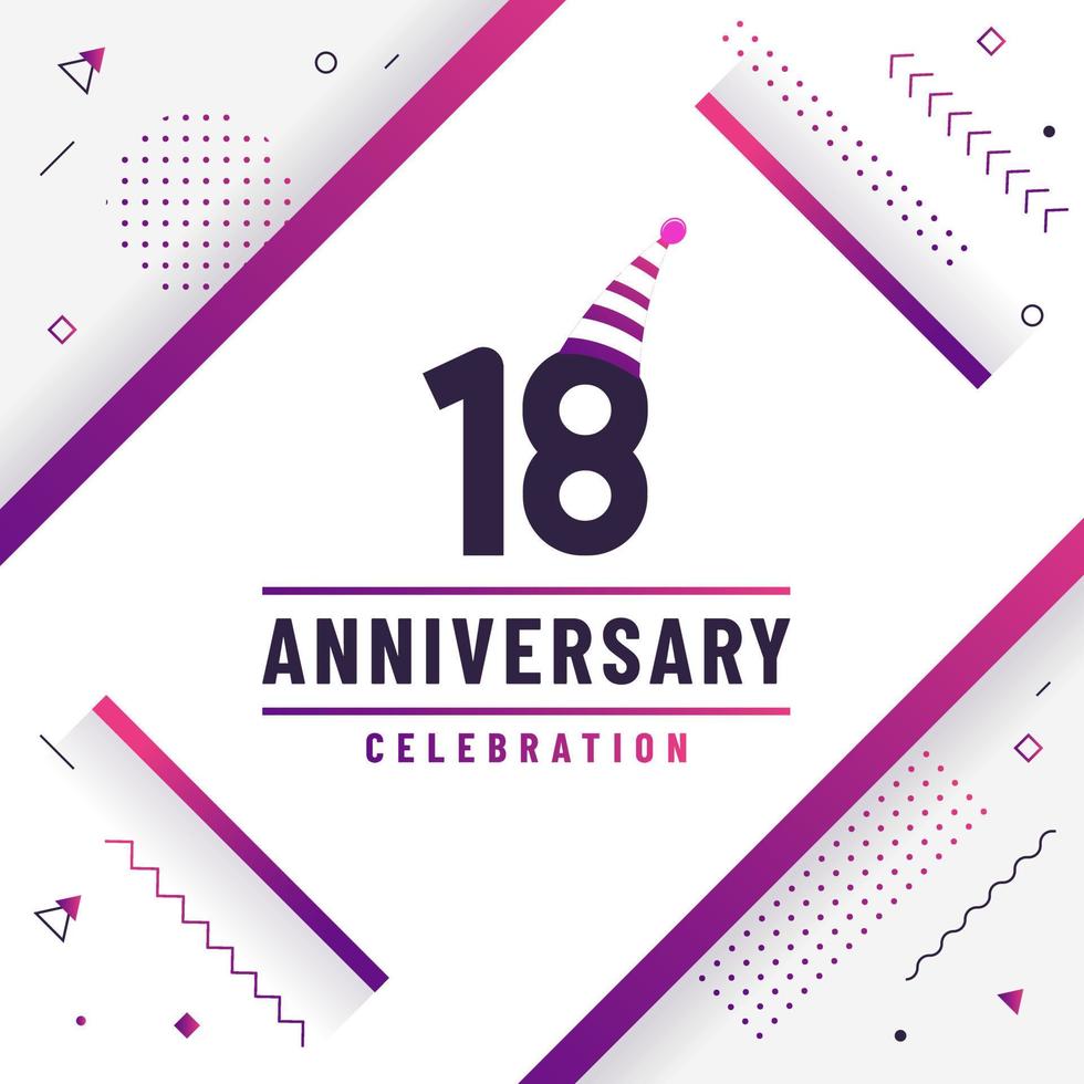 Tarjeta de saludos de aniversario de 18 años, vector colorido libre de fondo de celebración de 18 aniversario.