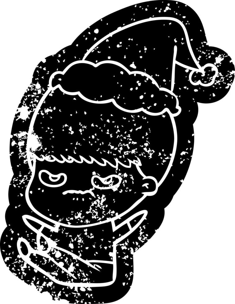 cartoon distressed icon of a boy wearing santa hat vector