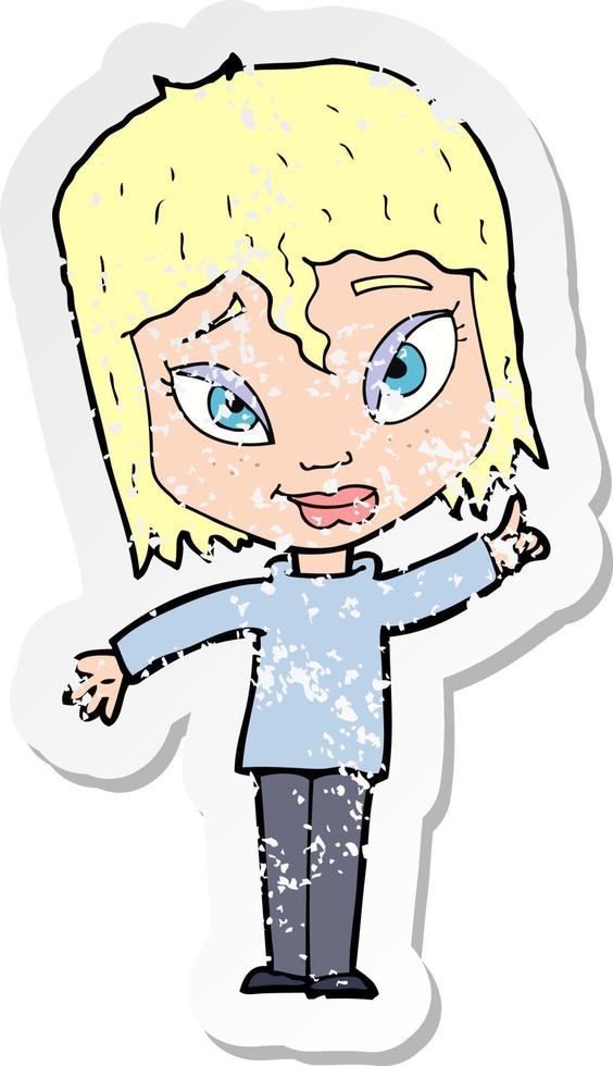 retro distressed sticker of a cartoon woman with idea vector