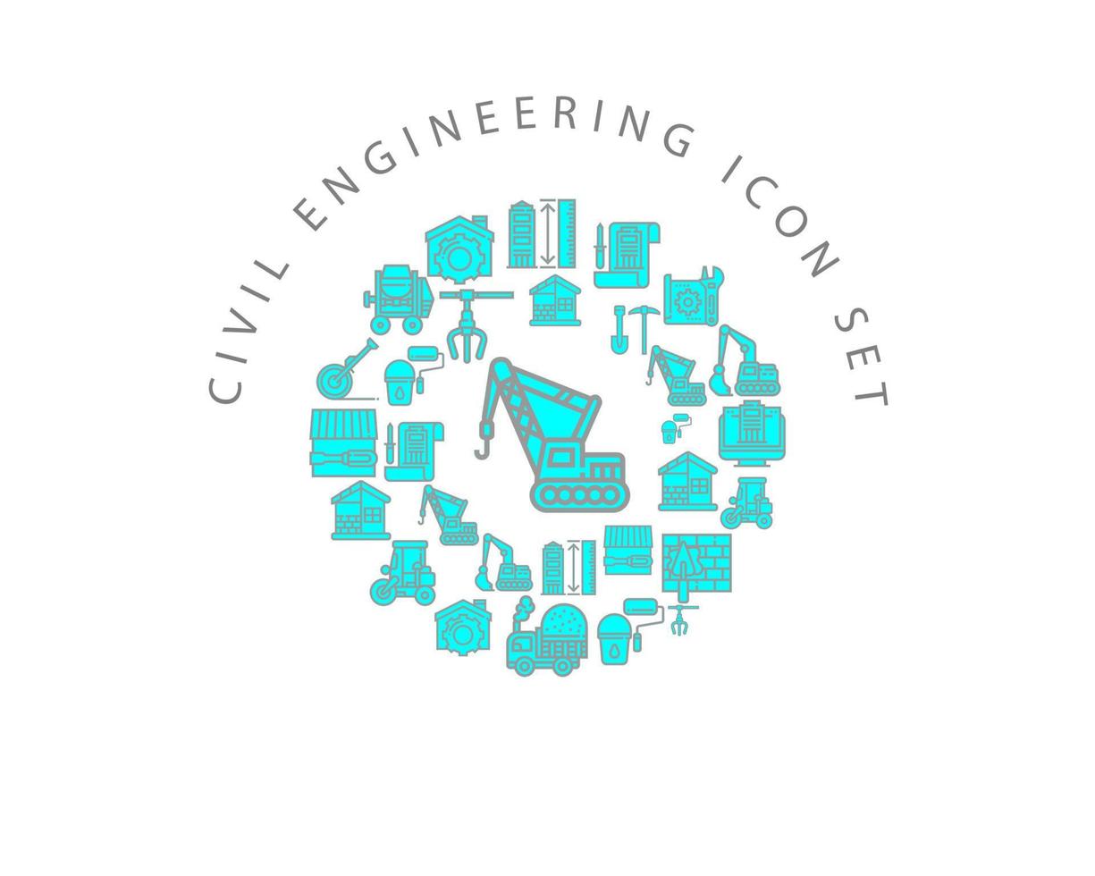 diseño de conjunto de iconos de ingeniería civil sobre fondo blanco vector