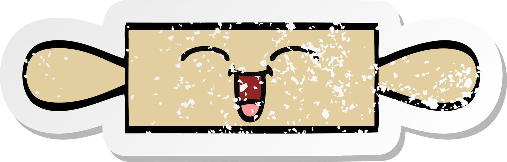 distressed sticker of a cute cartoon rolling pin vector