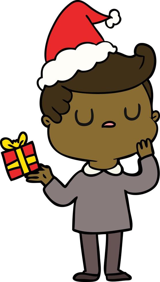 line drawing of a man wondering wearing santa hat vector