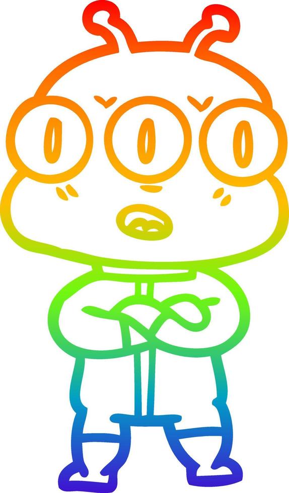 rainbow gradient line drawing cartoon three eyed alien vector