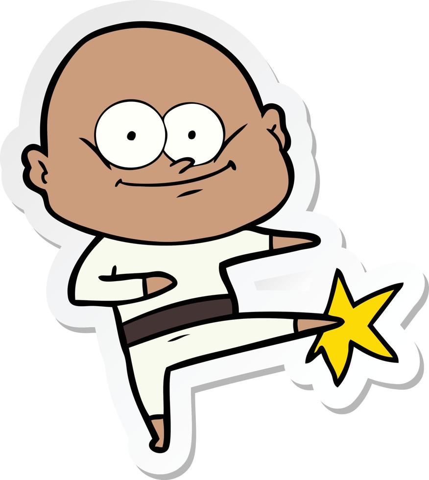 sticker of a cartoon bald man karate kicking vector