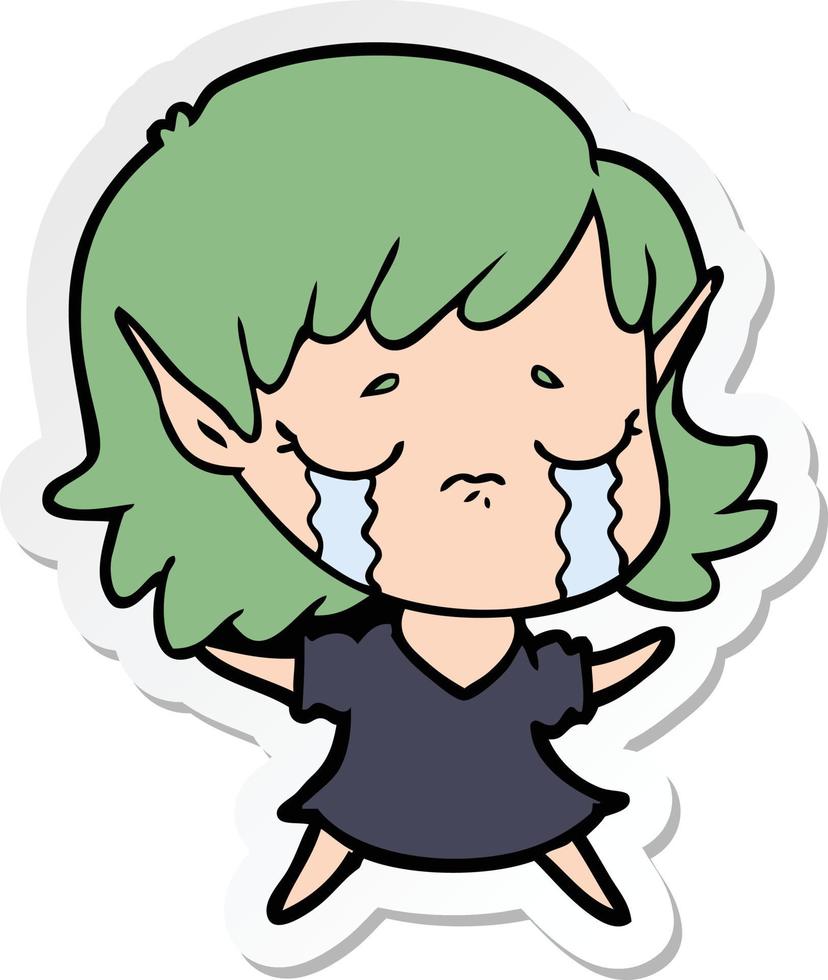 pegatina de una niña elfa llorando de dibujos animados vector