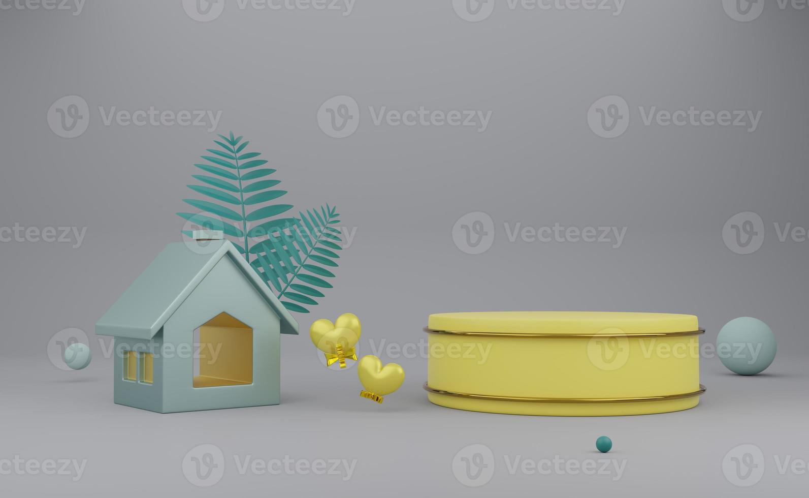Podium empty and house with yellow heart shapes in gray composition for modern stage display and minimalist mockup ,valentine's day background ,Concept 3d illustration or 3d render photo