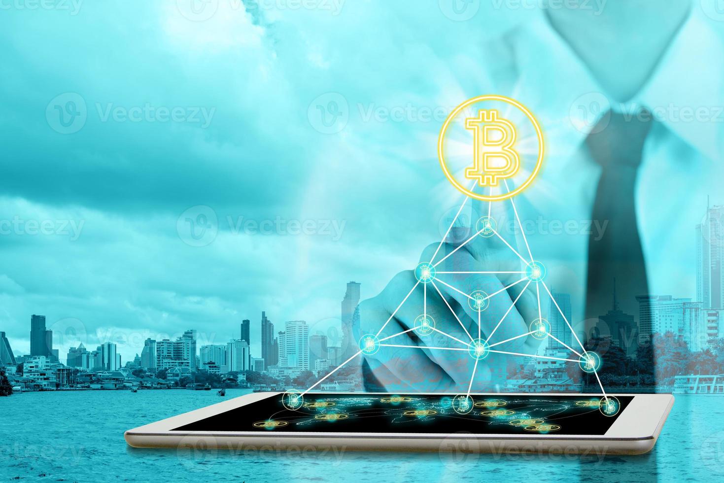 Businessman plan digital money with bitcoin symbol and network connection concept,Elements of this image furnished by NASA photo