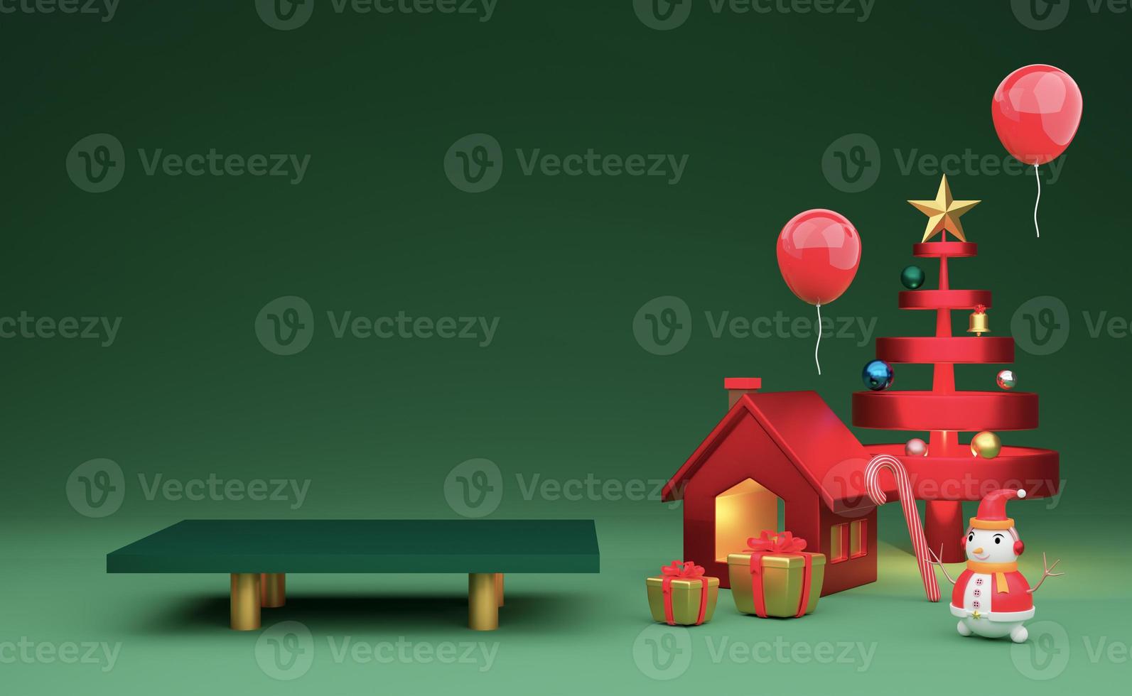 table empty and snowman with Christmas tree and geometric in green composition for website or poster or Happiness cards,Christmas banner and festive New Year, realistic 3d illustration or 3d render photo