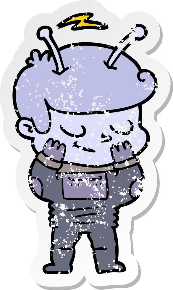 distressed sticker of a bashful cartoon spaceman vector