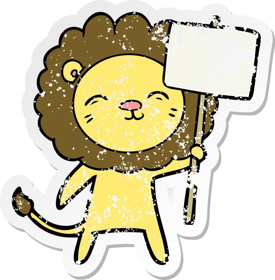 distressed sticker of a cartoon lion with protest sign vector