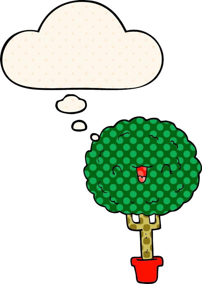 cartoon happy tree and thought bubble in comic book style vector