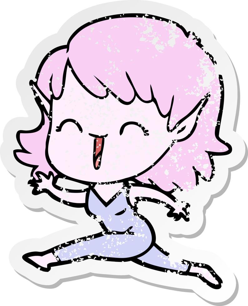 distressed sticker of a cartoon elf girl vector