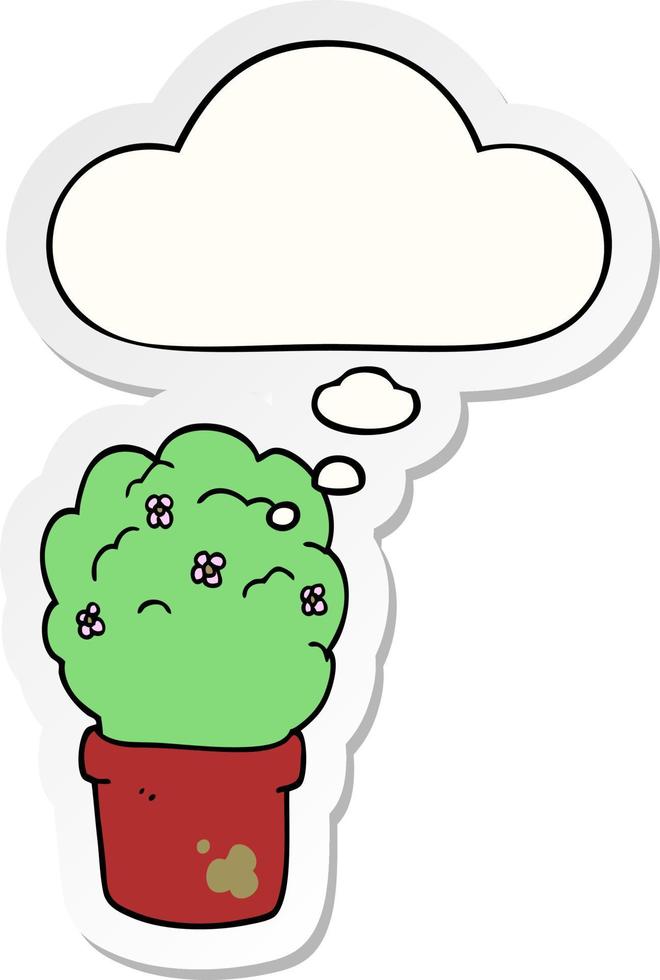 cartoon shrub and thought bubble as a printed sticker vector