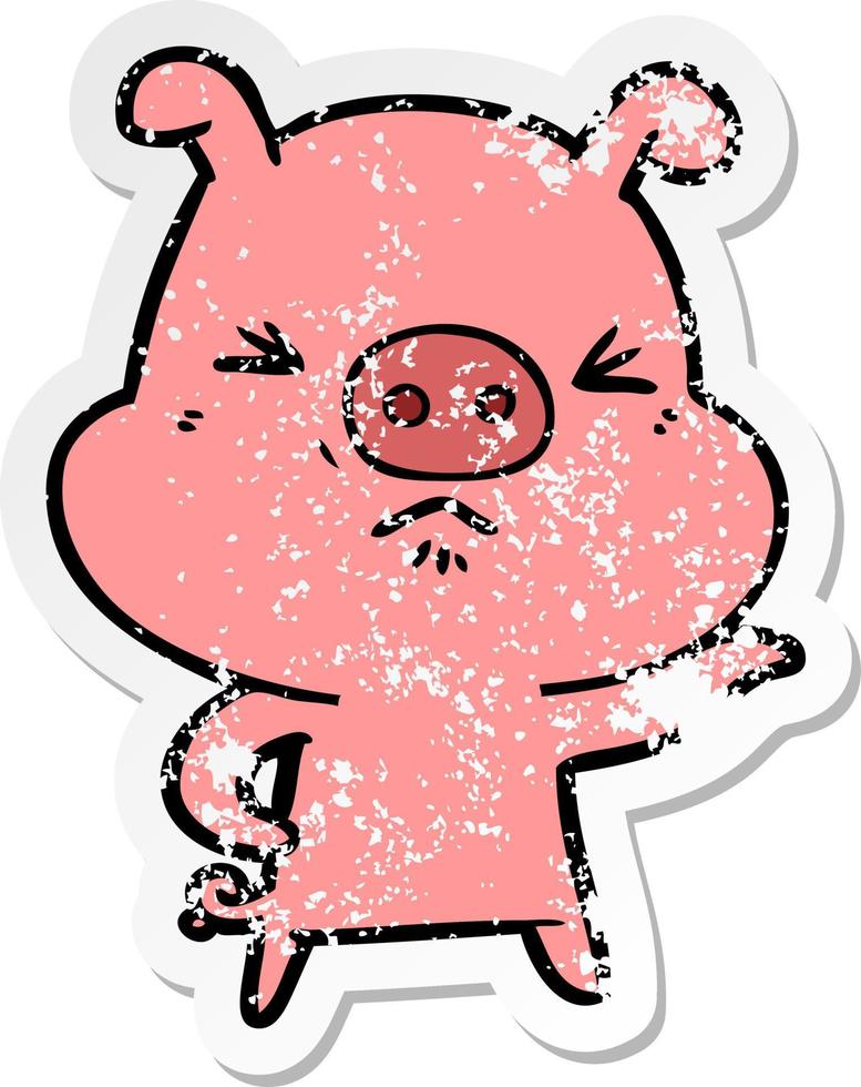 distressed sticker of a cartoon angry pig vector