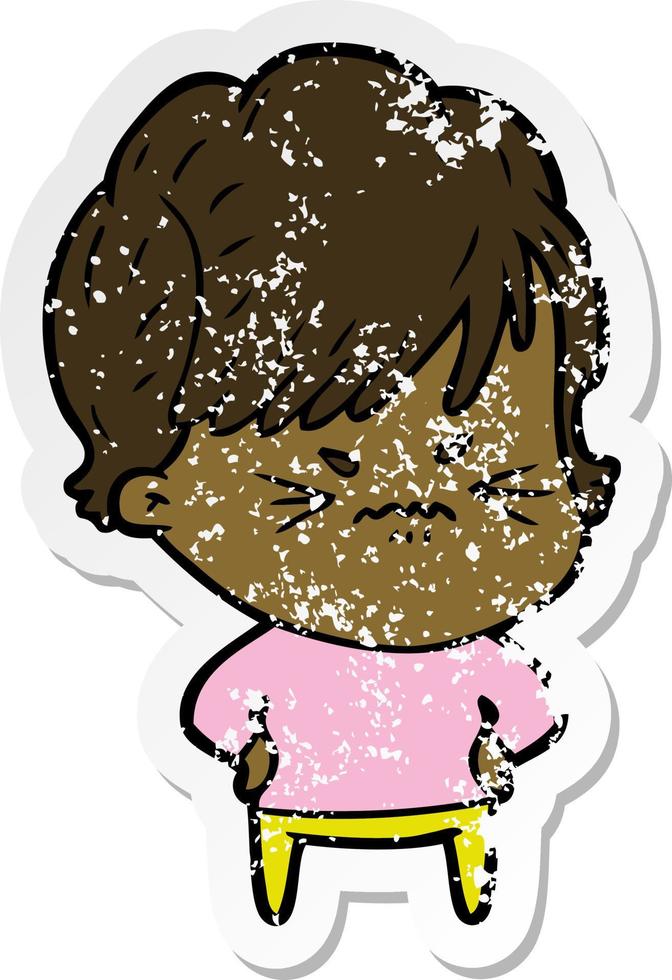 distressed sticker of a cartoon frustrated woman vector