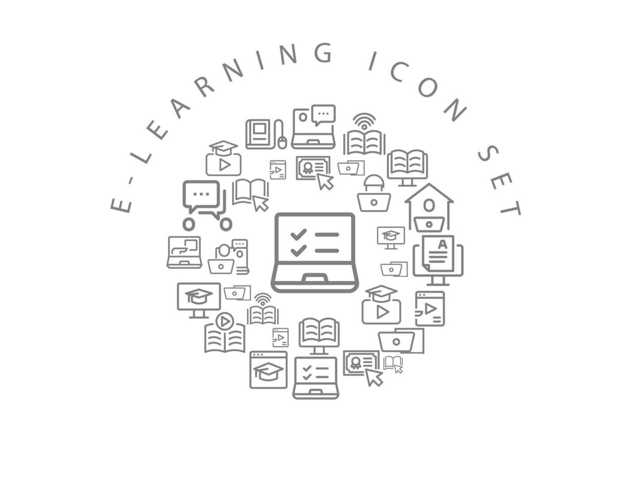 diseño de conjunto de iconos de e-learning sobre fondo blanco. vector