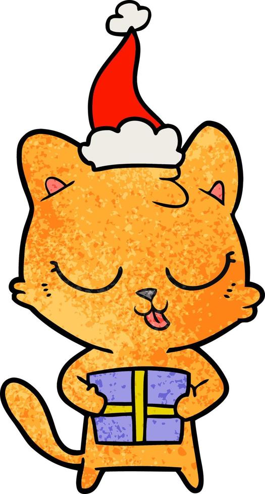 linda caricatura texturizada de un gato con sombrero de santa vector