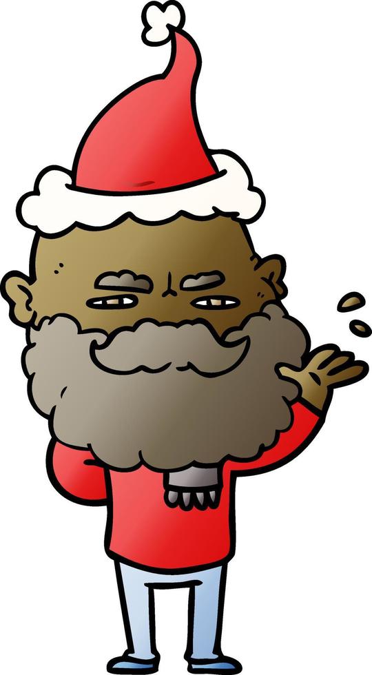 gradient cartoon of a dismissive man with beard frowning wearing santa hat vector