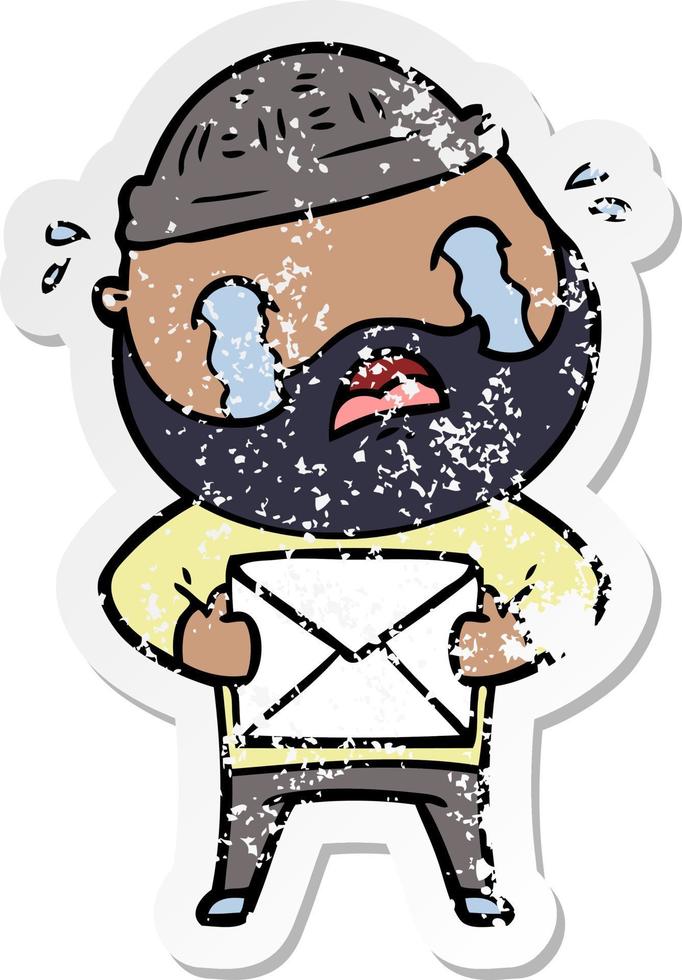 distressed sticker of a cartoon bearded man crying vector