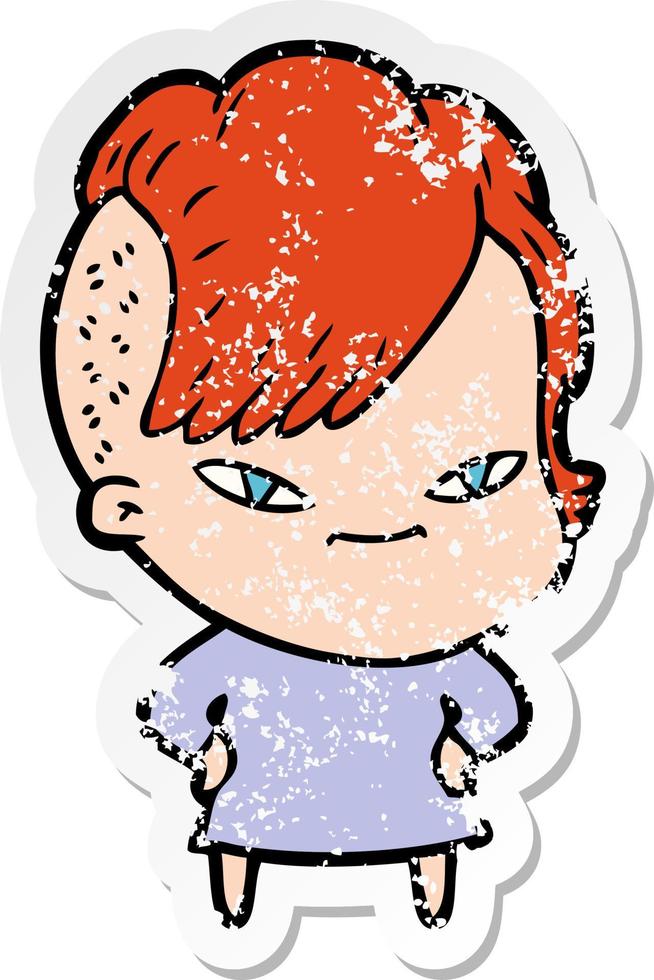 distressed sticker of a cute cartoon girl with hipster haircut vector