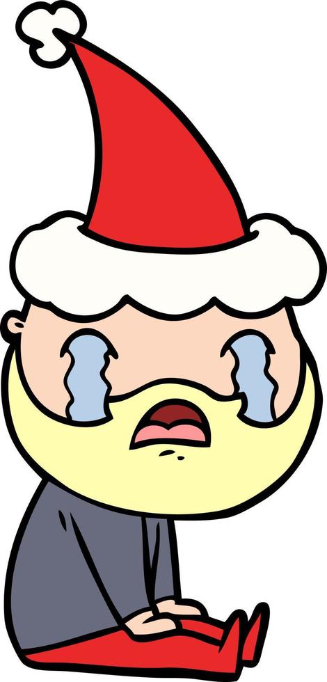 line drawing of a bearded man crying wearing santa hat vector