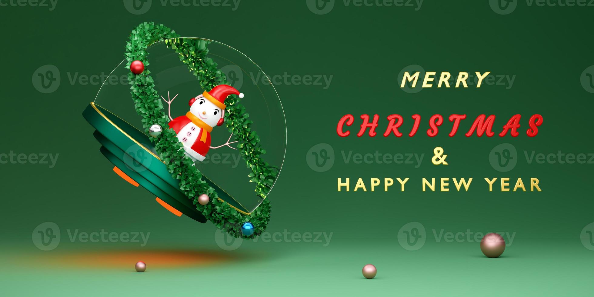 snow globe with snowman and wreath in green composition for website or poster or Happiness cards,Christmas banner and festive New Year, realistic 3d illustration or 3d render photo