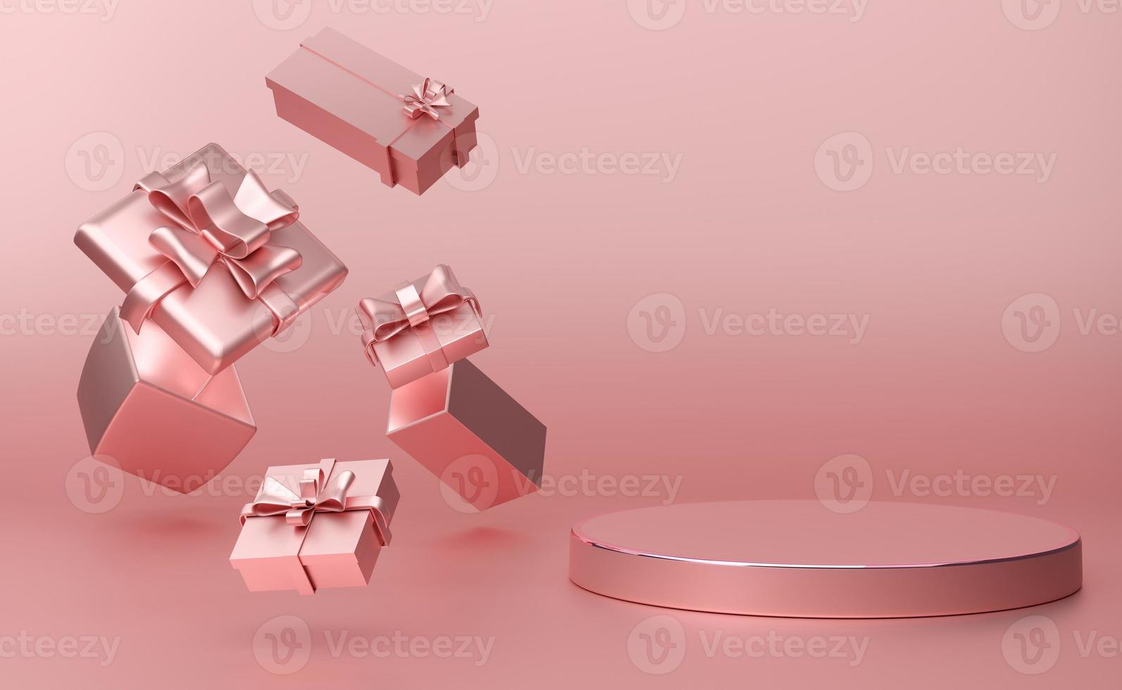 podium empty with geometric shapes in pink pastel composition for modern stage display and minimalist mockup ,abstract showcase background ,Concept 3d illustration or 3d render photo