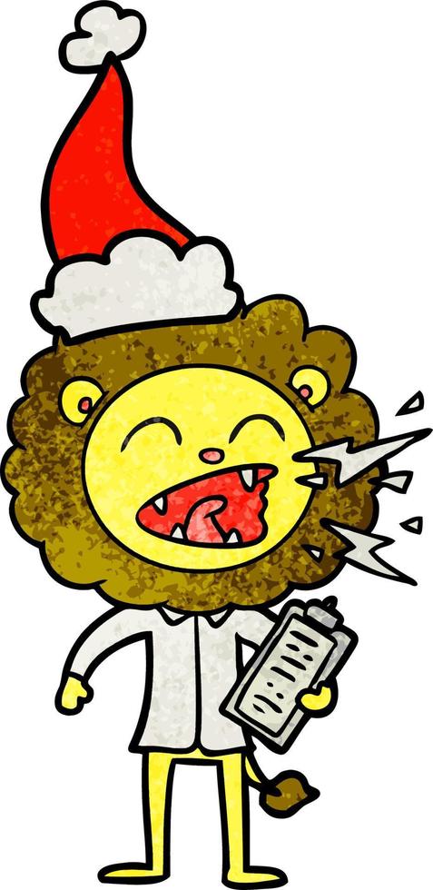 textured cartoon of a roaring lion doctor wearing santa hat vector