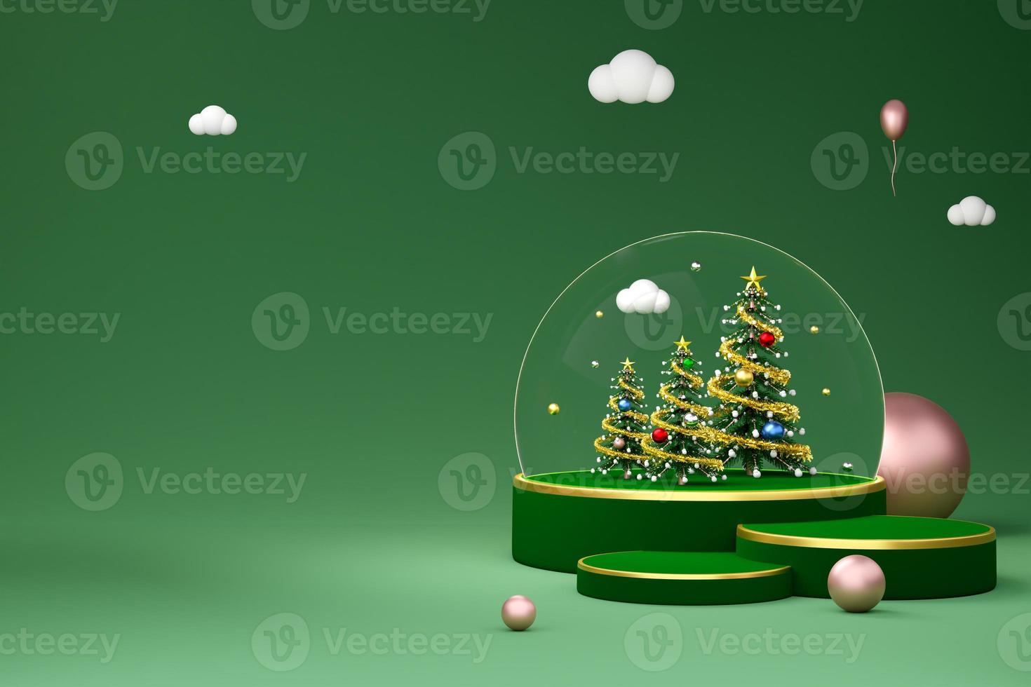 Podium empty with snow globe and Christmas tree in green composition for website or poster or Happiness cards,Christmas banner and festive New Year, realistic 3d illustration or 3d render photo