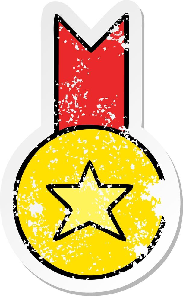 distressed sticker of a cute cartoon gold medal vector