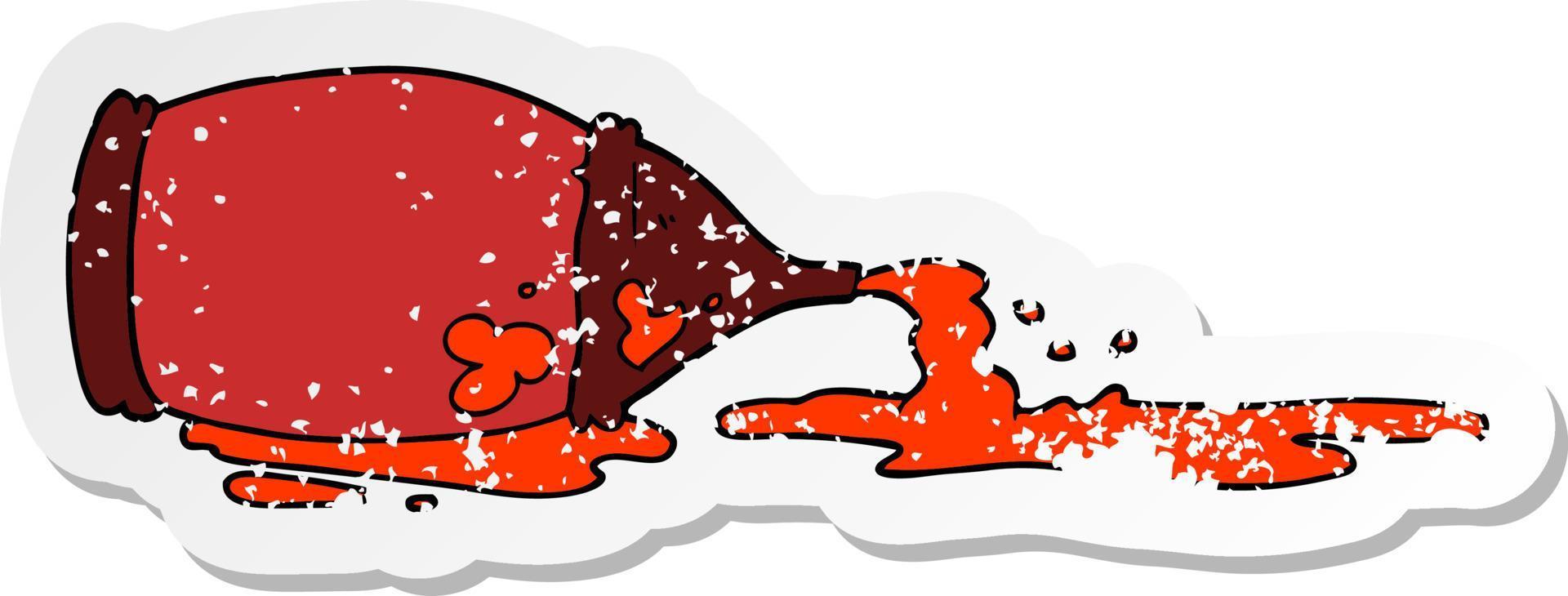 distressed sticker of a cartoon spilled ketchup bottle vector