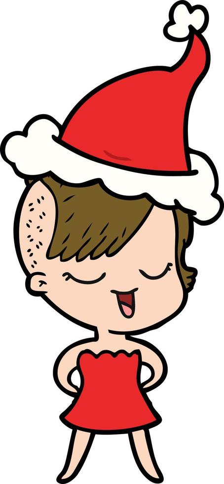 happy line drawing of a girl in cocktail dress wearing santa hat vector