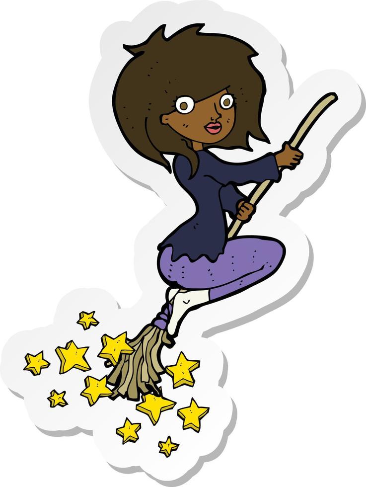 sticker of a cartoon witch riding broomstick vector