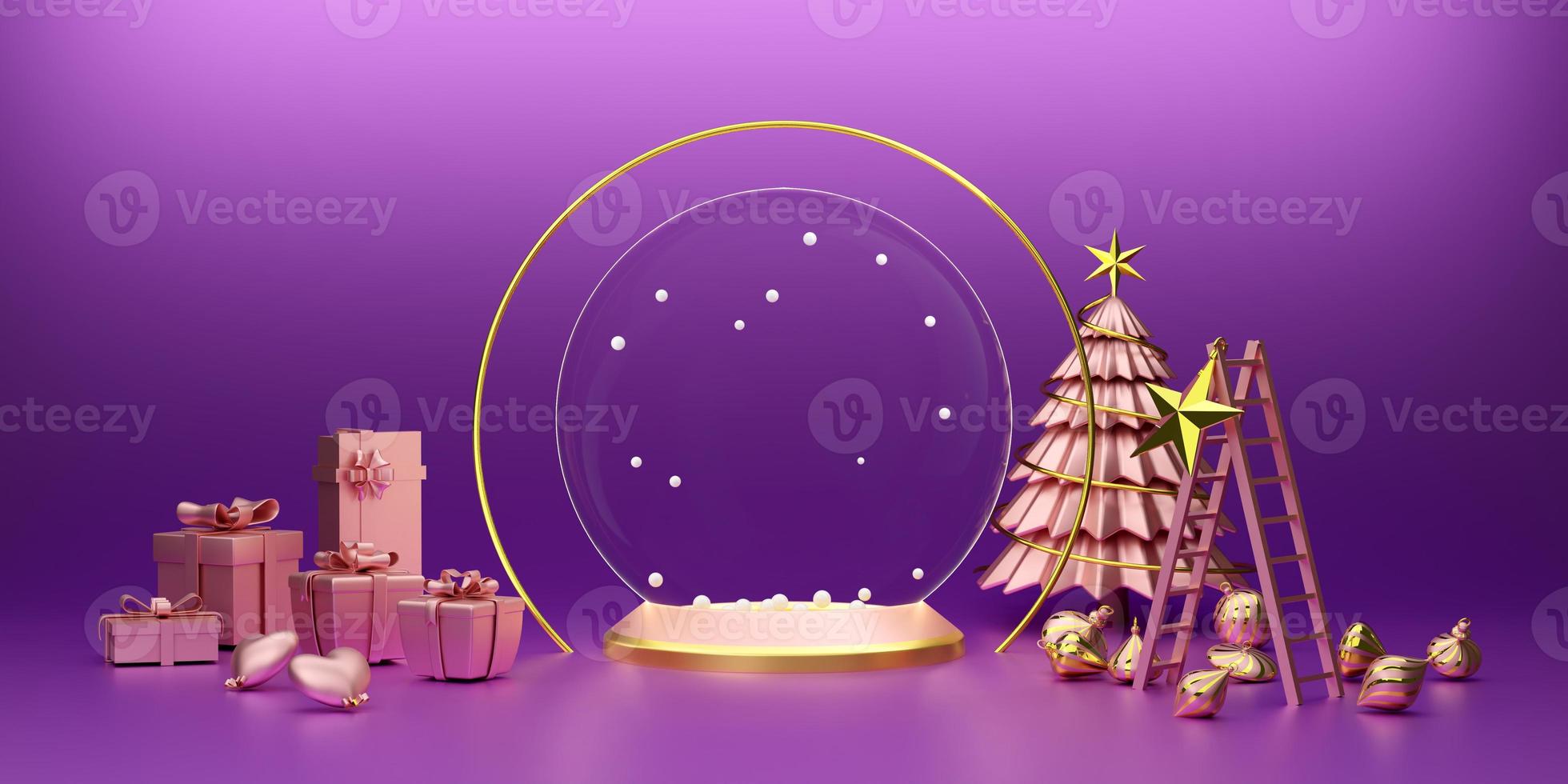 Podium with snow globe and tree and ornaments in purple or violet composition for modern stage display and minimalist mockup ,Concept Christmas and a festive New Year, 3d illustration or 3d render photo