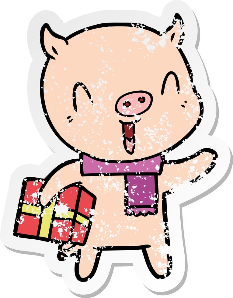 distressed sticker of a happy cartoon pig with xmas present vector