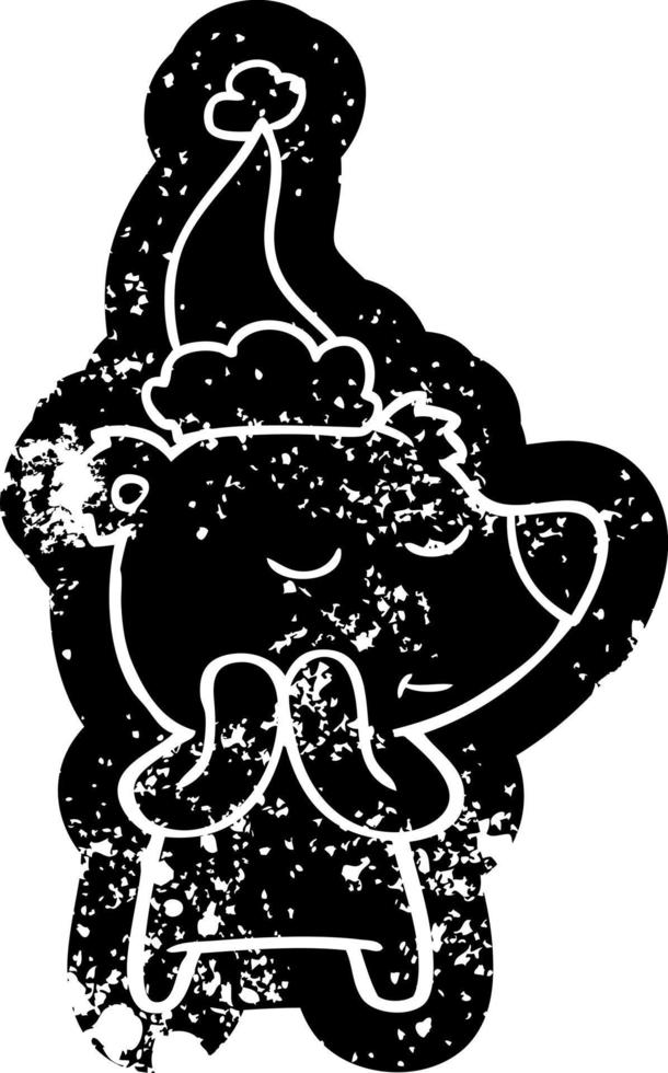 happy cartoon distressed icon of a polar bear wearing santa hat vector