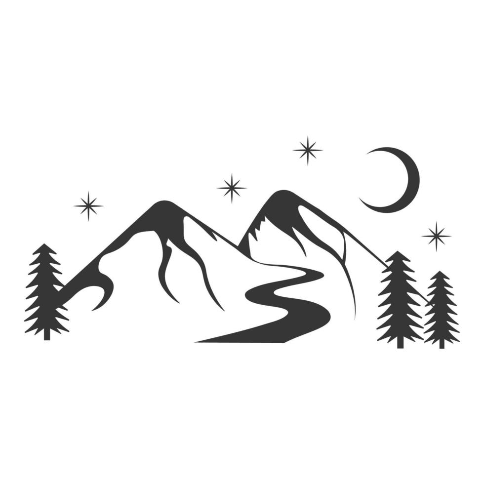 Mountains with trees and river. Beautiful mountain river landscape. Black and white vector illustration.