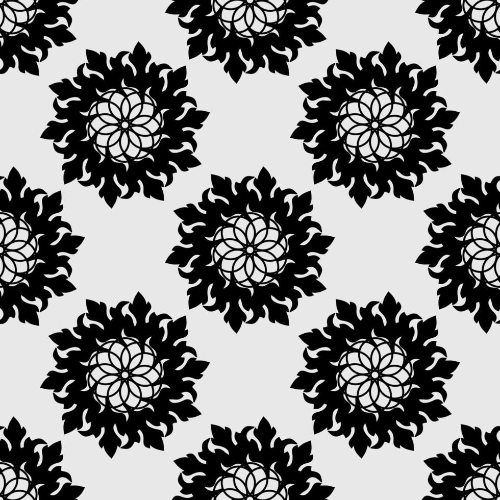 Seamless pattern with mandala ornament. Black on a white background. Modern stylish abstract texture. Repeating geometric elements for web or textile. Vector illustration.
