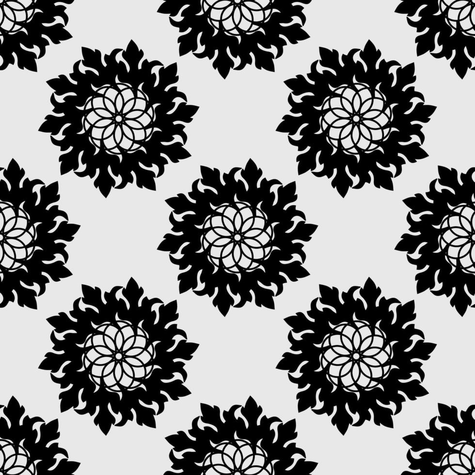 Seamless pattern with mandala ornament. Black on a white background. Modern stylish abstract texture. Repeating geometric elements for web or textile. Vector illustration.