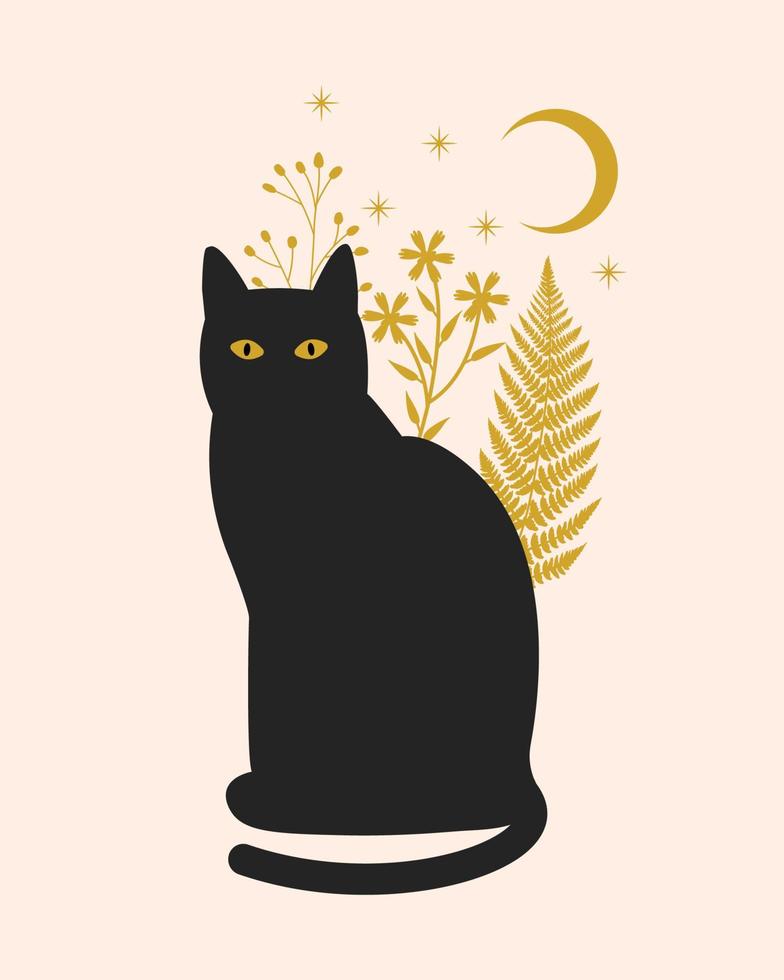 Black cat with plants, moon, stars. Boho mystical celestial clipart. Vector illustration.