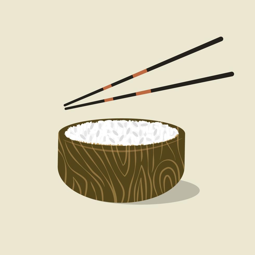 Wooden bowl with rice and food sticks. Japanese cuisine concept. Cartoon vector illustration.