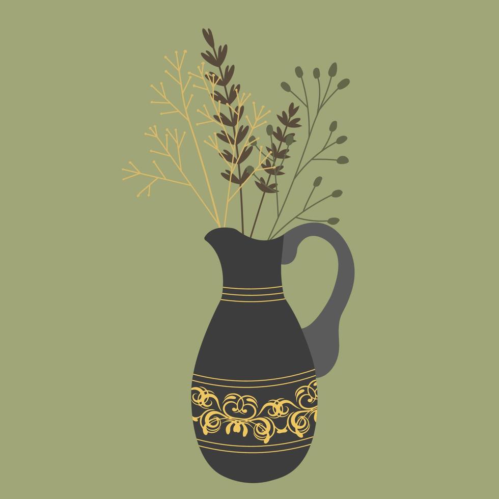 Beautiful botanical composition with dried flowers in a vase. Vector Illustration.