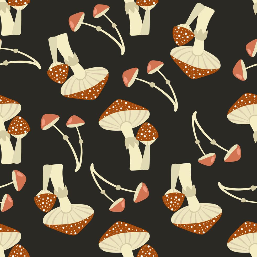 Seamless pattern with forest mushrooms. Fly-agaric on a dark background. Cartoon vector illustration.