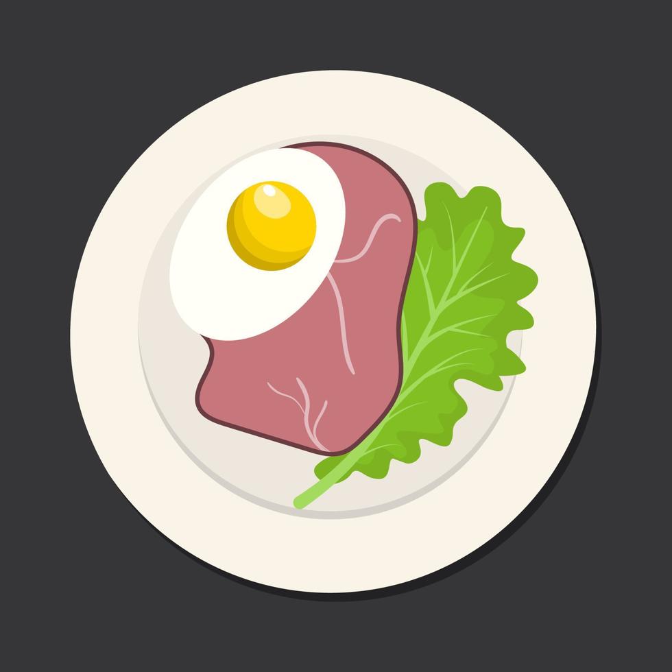 Sipmle fast breakfast with ham, egg and lettuce. Cartoon vector illustration