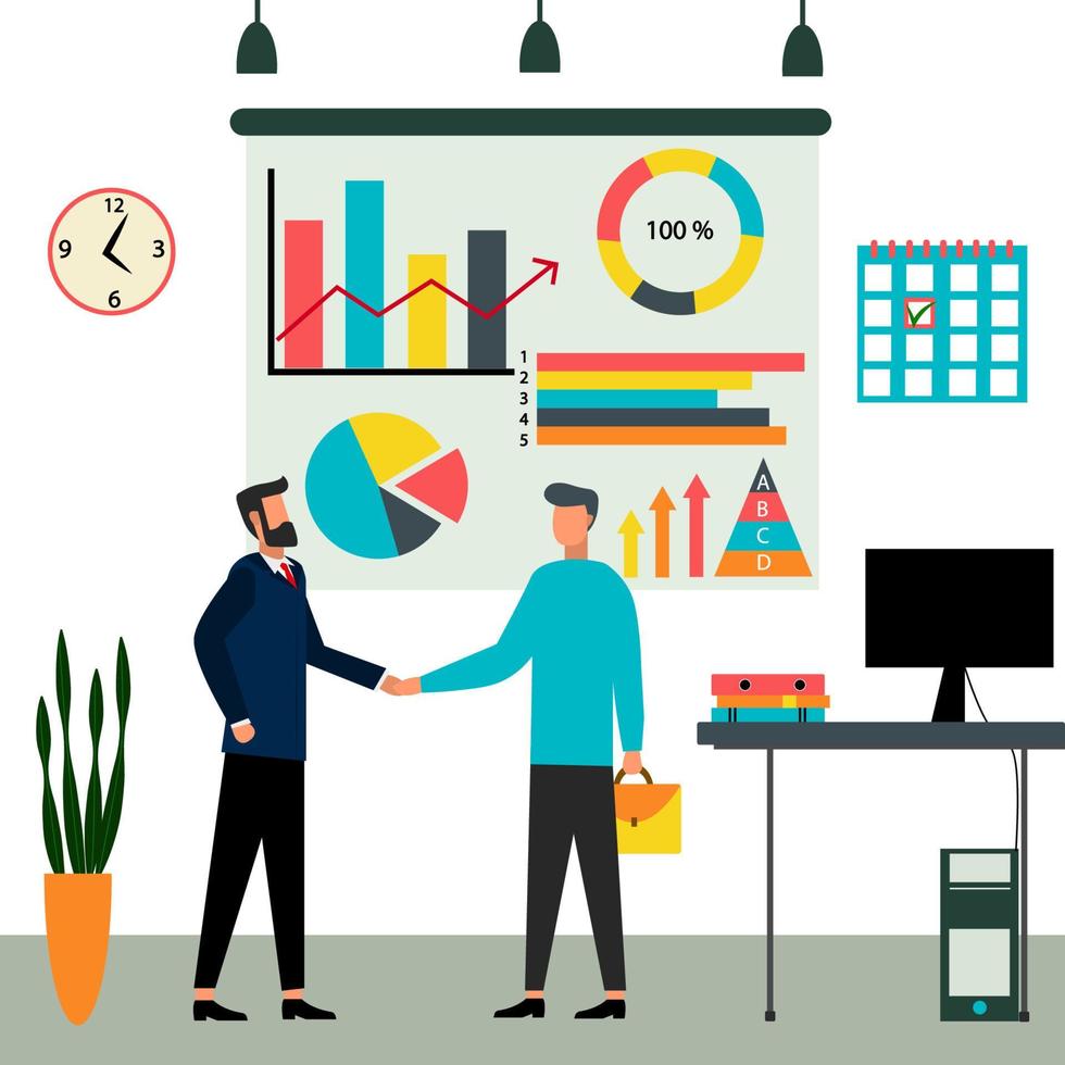 A meeting of two business partners. The conclusion of a transaction or contract in the office. Vector illustration.