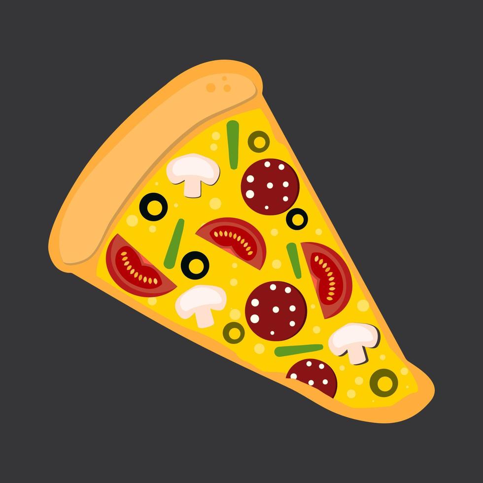 rebanada de pizza con salchicha, tomate, queso, champiñones, aceitunas. ilustración vectorial de dibujos animados plana. vector