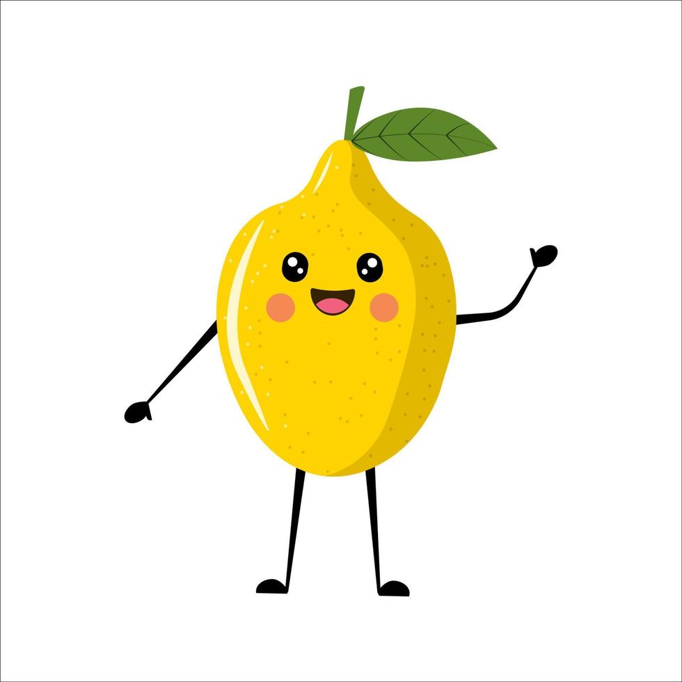 Funny cute happy smiling lemon character or mascot. Flat cartoon vector illustration.